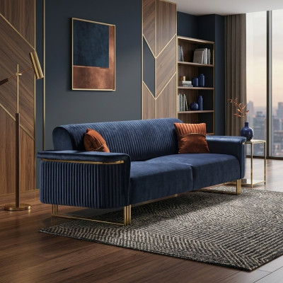 Blue living room 3-seater luxurious fabric sofa elegant upholstered furniture
