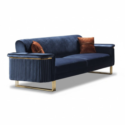 Blue living room 3-seater luxurious fabric sofa elegant upholstered furniture