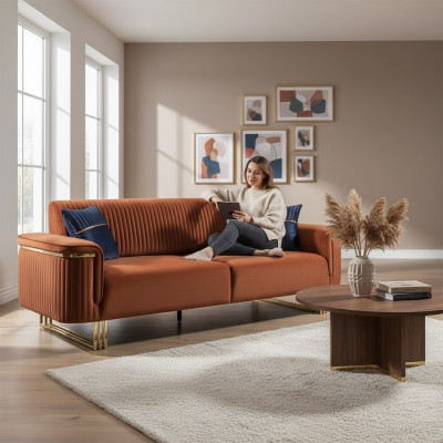 Orange three-seater luxurious fabric sofa modern living room seating furniture