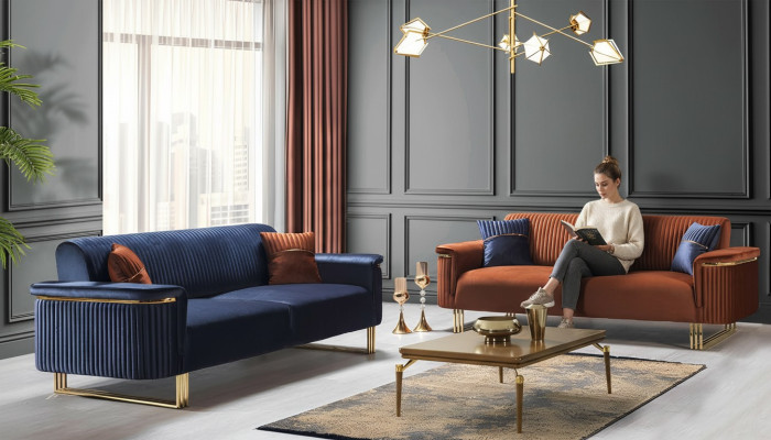 Blue-Orange Living Room Sofa Set Designer Fabric Sofas Modern Furniture 2 Pieces