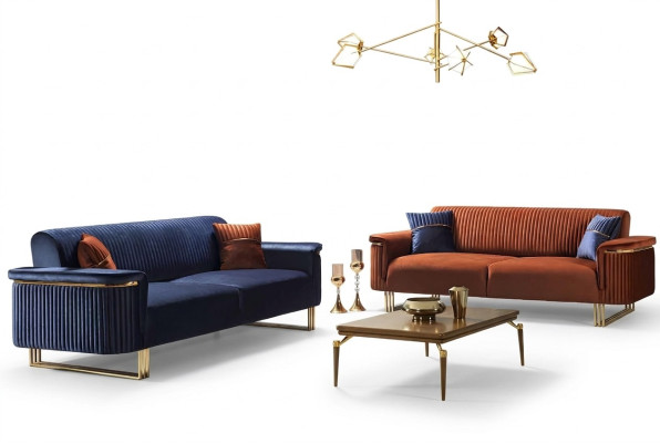 Blue-Orange Living Room Sofa Set Designer Fabric Sofas Modern Furniture 2 Pieces