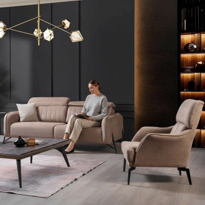 Beige living room fabric sofa, luxurious armchair, 3-seater, single-seater, 2-piece set