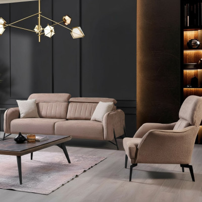 Beige living room fabric sofa, luxurious armchair, 3-seater, single-seater, 2-piece set