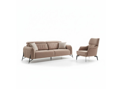 Beige living room fabric sofa, luxurious armchair, 3-seater, single-seater, 2-piece set