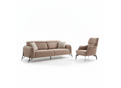 Beige living room fabric sofa, luxurious armchair, 3-seater, single-seater, 2-piece set