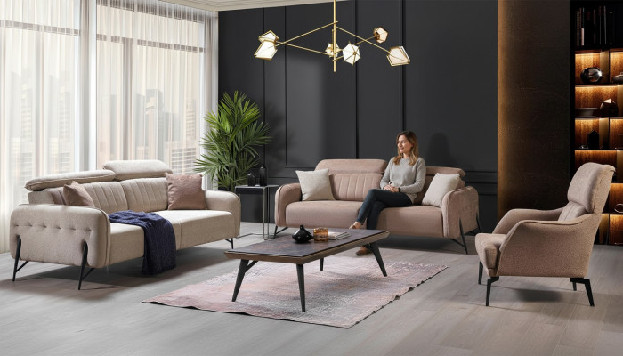 Beige living room sofa set designer 2x fabric armchairs 3-seater 3-piece.