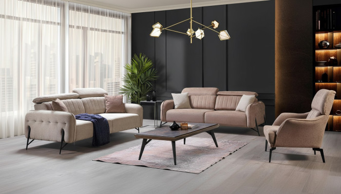 Beige living room sofa set designer 2x fabric armchairs 3-seater 3-piece.