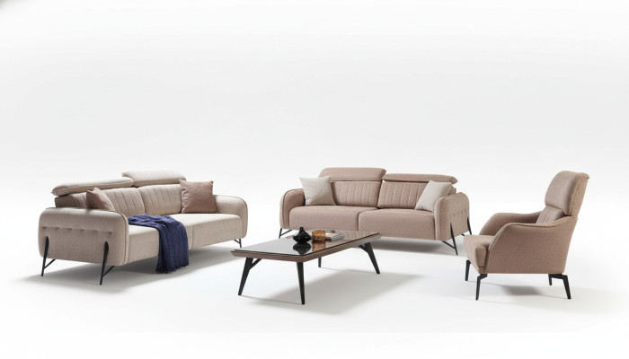 Beige living room sofa set designer 2x fabric armchairs 3-seater 3-piece.