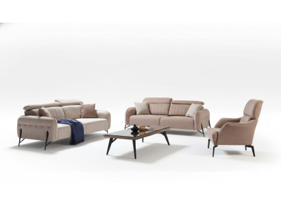 Beige living room sofa set designer 2x fabric armchairs 3-seater 3-piece.