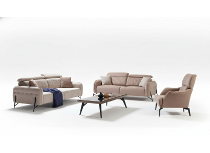 Beige living room sofa set designer 2x fabric armchairs 3-seater 3-piece.