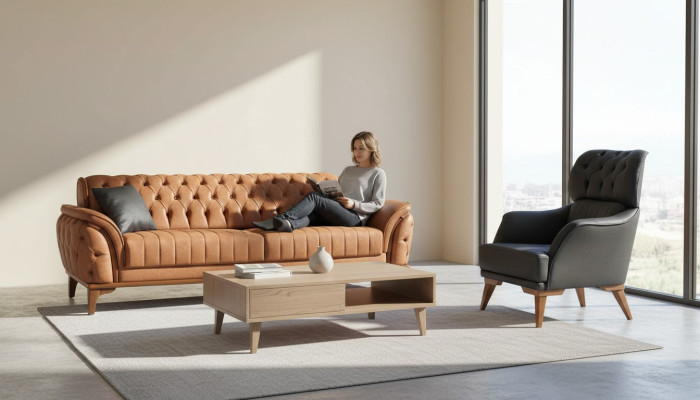 Orange-Black Chesterfield Set Luxurious Three-Seater Armchair 2-piece Set