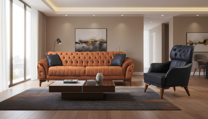 Orange-Black Chesterfield Set Luxurious Three-Seater Armchair 2-piece Set