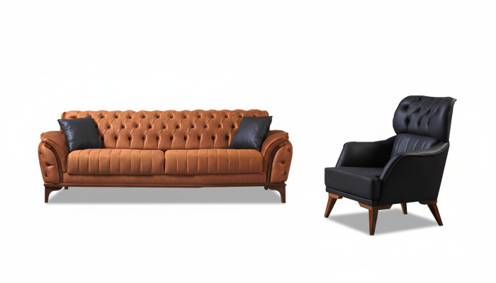 Orange-Black Chesterfield Set Luxurious Three-Seater Armchair 2-piece Set