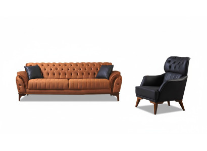 Orange-Black Chesterfield Set Luxurious Three-Seater Armchair 2-piece Set