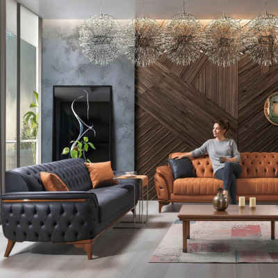 Chesterfield sofas designer living room set upholstery 2x fabric sofas.