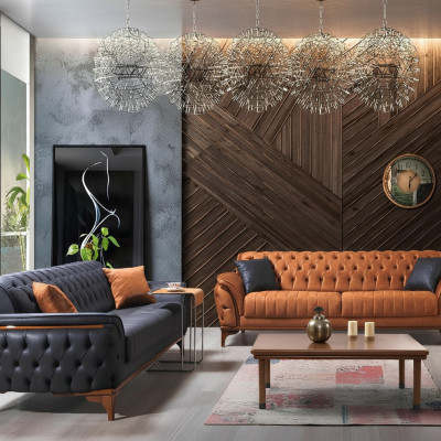 Chesterfield sofas designer living room set upholstery 2x fabric sofas.