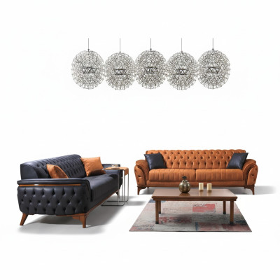 Chesterfield sofas designer living room set upholstery 2x fabric sofas.