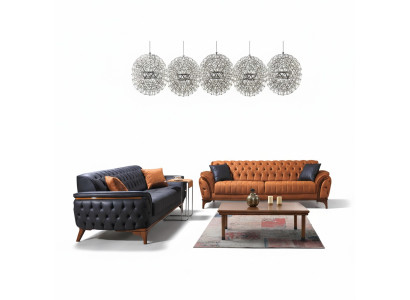 Chesterfield sofas designer living room set upholstery 2x fabric sofas.