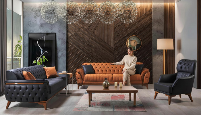 Black-Orange Chesterfield Sofa Set Living Room Couches Armchair 4-piece Set