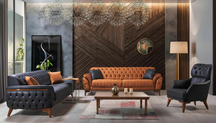 Black-Orange Chesterfield Sofa Set Living Room Couches Armchair 4-piece Set