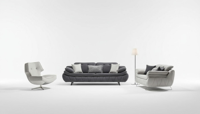 Living room set 3-piece black white 2x sofas with armchair modern design fabric