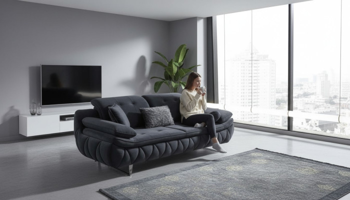 Black 3-seater living room fabric sofa, modern design with textile cushions