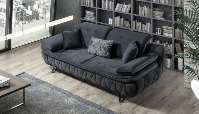 Black 3-seater living room fabric sofa, modern design with textile cushions