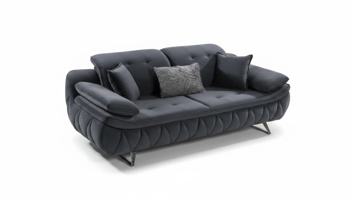 Black 3-seater living room fabric sofa, modern design with textile cushions