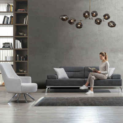 Living room set, 2-piece, 3-seater sofa, 1-seater armchair, gray white textile material