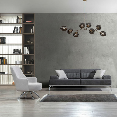 Living room set, 2-piece, 3-seater sofa, 1-seater armchair, gray white textile material