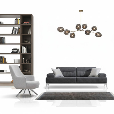 Living room set, 2-piece, 3-seater sofa, 1-seater armchair, gray white textile material