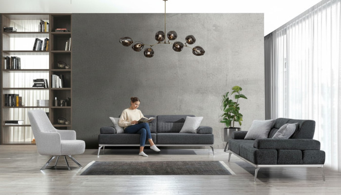 Living room set 3-piece 2x 3-seater gray with white armchair modern design fabric