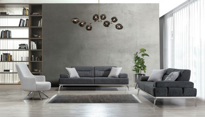 Living room set 3-piece 2x 3-seater gray with white armchair modern design fabric