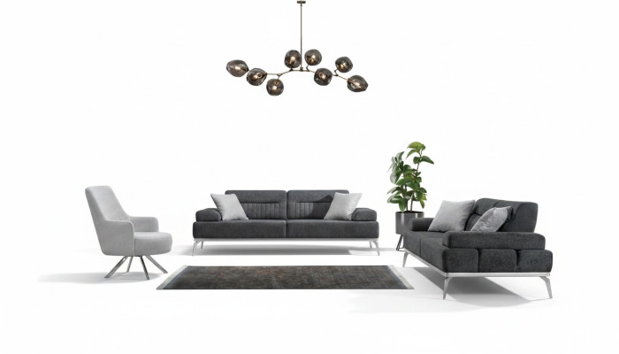 Living room set 3-piece 2x 3-seater gray with white armchair modern design fabric