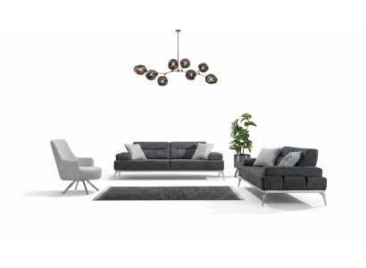 Living room set 3-piece 2x 3-seater gray with white armchair modern design fabric