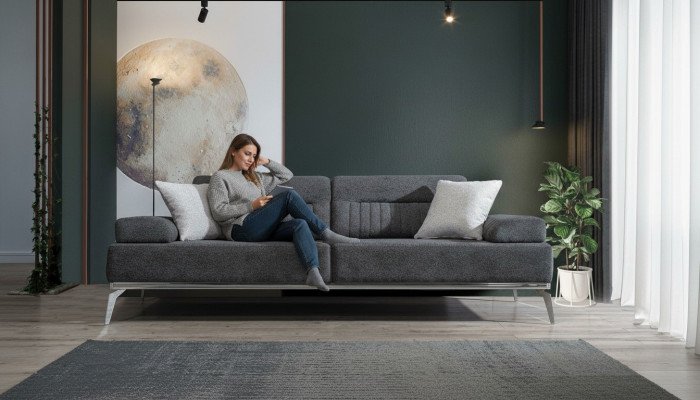 Gray Living Room 3-Seater Fabric Sofa Modern Luxury Design Textile Material