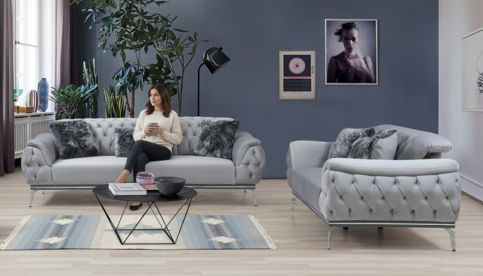 Gray living room fabric sofa modern design Chesterfield textile material