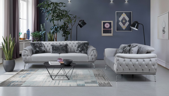 Gray living room fabric sofa modern design Chesterfield textile material