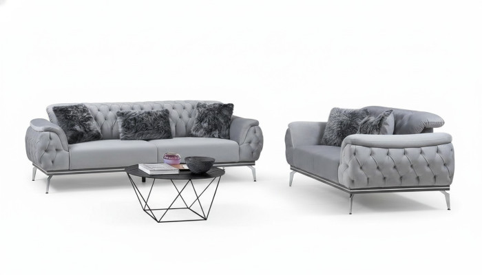Gray living room fabric sofa modern design Chesterfield textile material