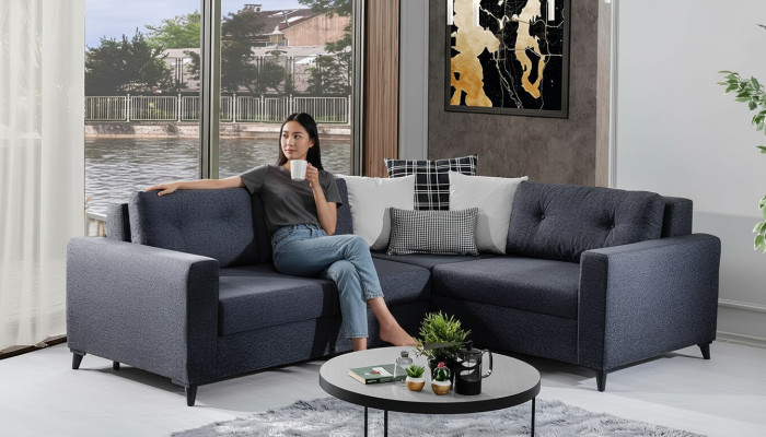 Dark gray upholstered sofa designer corner sofa with bed function living room sofa