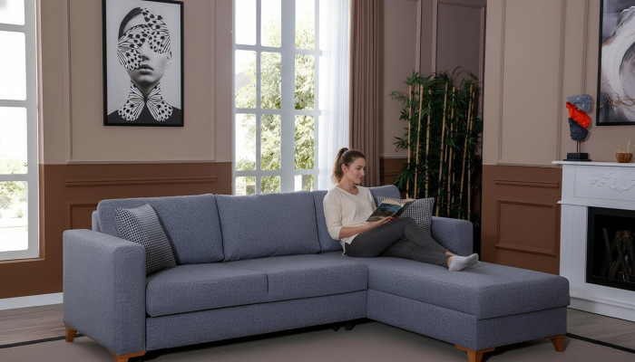 Stylish Grey Upholstered Sofa Designer Corner Sofa Living Room Couch New