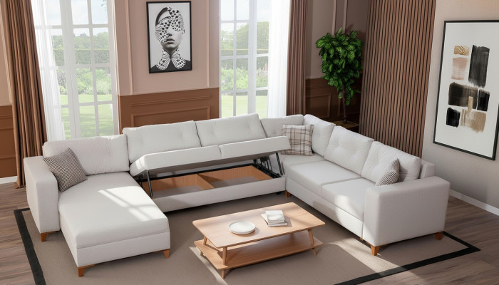 White U-Shape Sofa Living Room Corner Couch Fabric Sofa Luxurious Furniture New