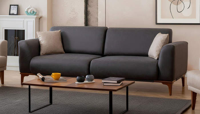 Gray faux leather living room designer couch luxurious 3-seater