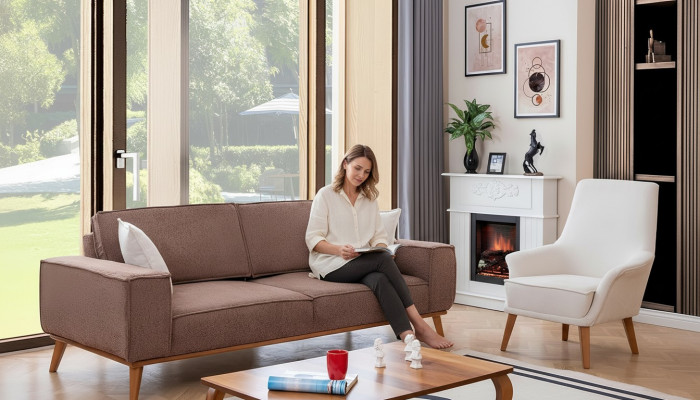 Living room beige three-seater luxurious white single-seater 2-piece suite