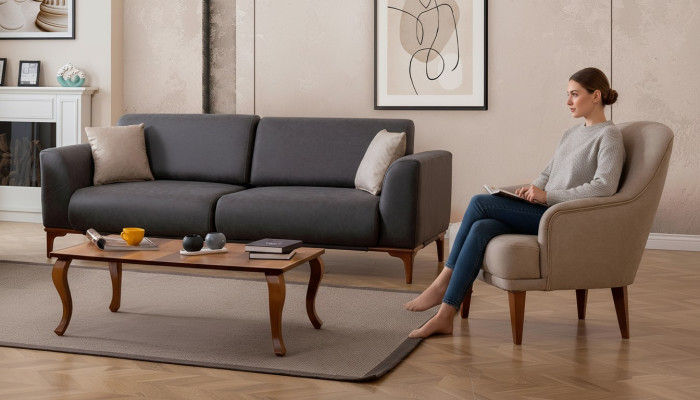 Black-Beige Living Room Designer Suite 3-Seater Armchair 2-Piece Set