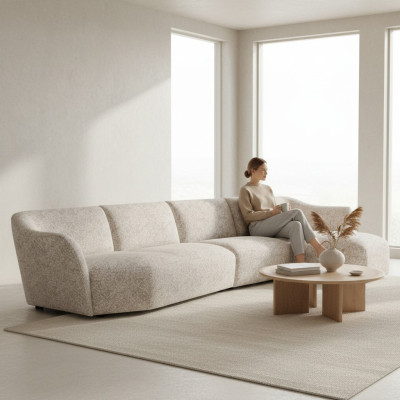Modern L-shaped sectional sofa, white upholstery, living room, new furniture.