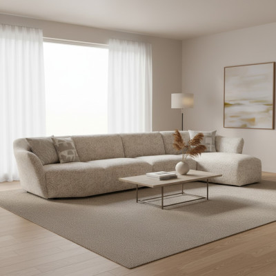 Modern L-shaped sectional sofa, white upholstery, living room, new furniture.