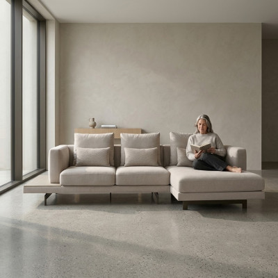 Designer gray sofa couch L-shape modern corner sofa upholstery living room.