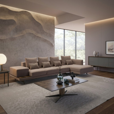 Living room set 3-piece corner suite sofa couch L-shape wooden coffee table