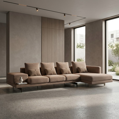 Luxury Beige Corner Sofa L-Shaped Upholstered Furniture Living Room Designer Setup